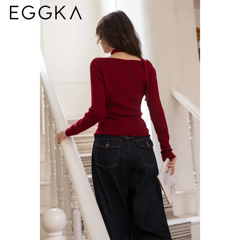 EGGKA Swing COLLAR สีแดงเสื้อแขนยาวผู้หญิงฤดูใบไม้ร่วงเสื้อถัก SLIM FIT เสื้อสไตล์เกาหลีหญิงเดินทางถักเสื้อ