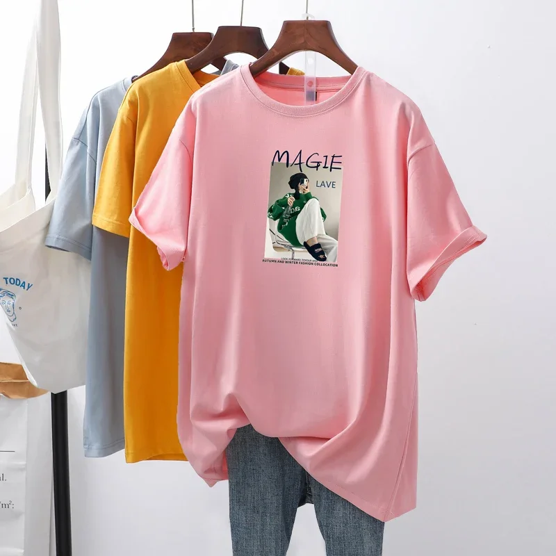 Dayifun Baumwolle plus Größe kurz ärmel ige T-Shirt Frauen 2024 Sommer druck lose Rundhals-T-Shirts koreanische übergroße Halbarm-Tops