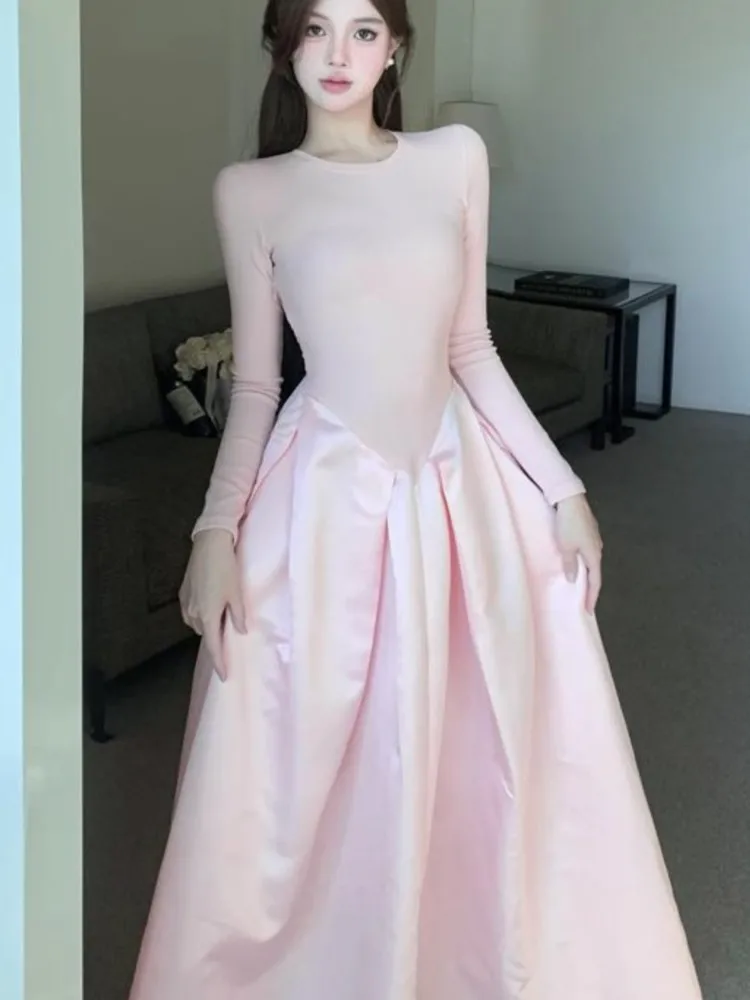 Vintage French Knit Spliced Long Dress Woman Autumn Slimming O Neck Evening Party Dresses Wedding Graduation Prom Female Clothes