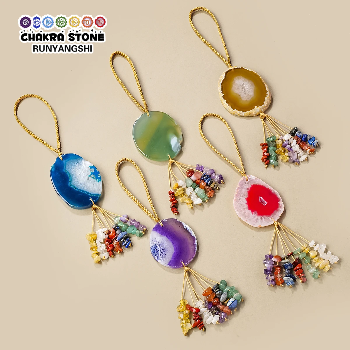 

1set Natural Crystal Bag Charm, Agate Slice & Colorful Chip Crystal Craft, Car Hanger & Keychain, Holiday Gift