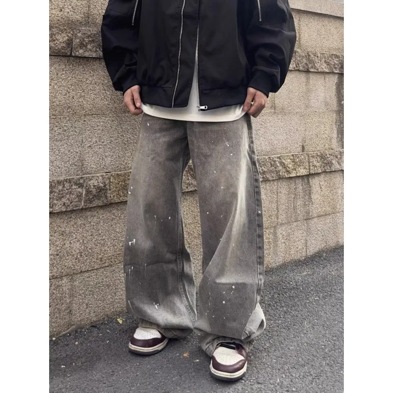 

American Retro Washing and Old Splashing Ink Smoke Gray Jeans Men's Loose Scimitar Silhouette Lazy and Relaxing Pants Jorts Jean