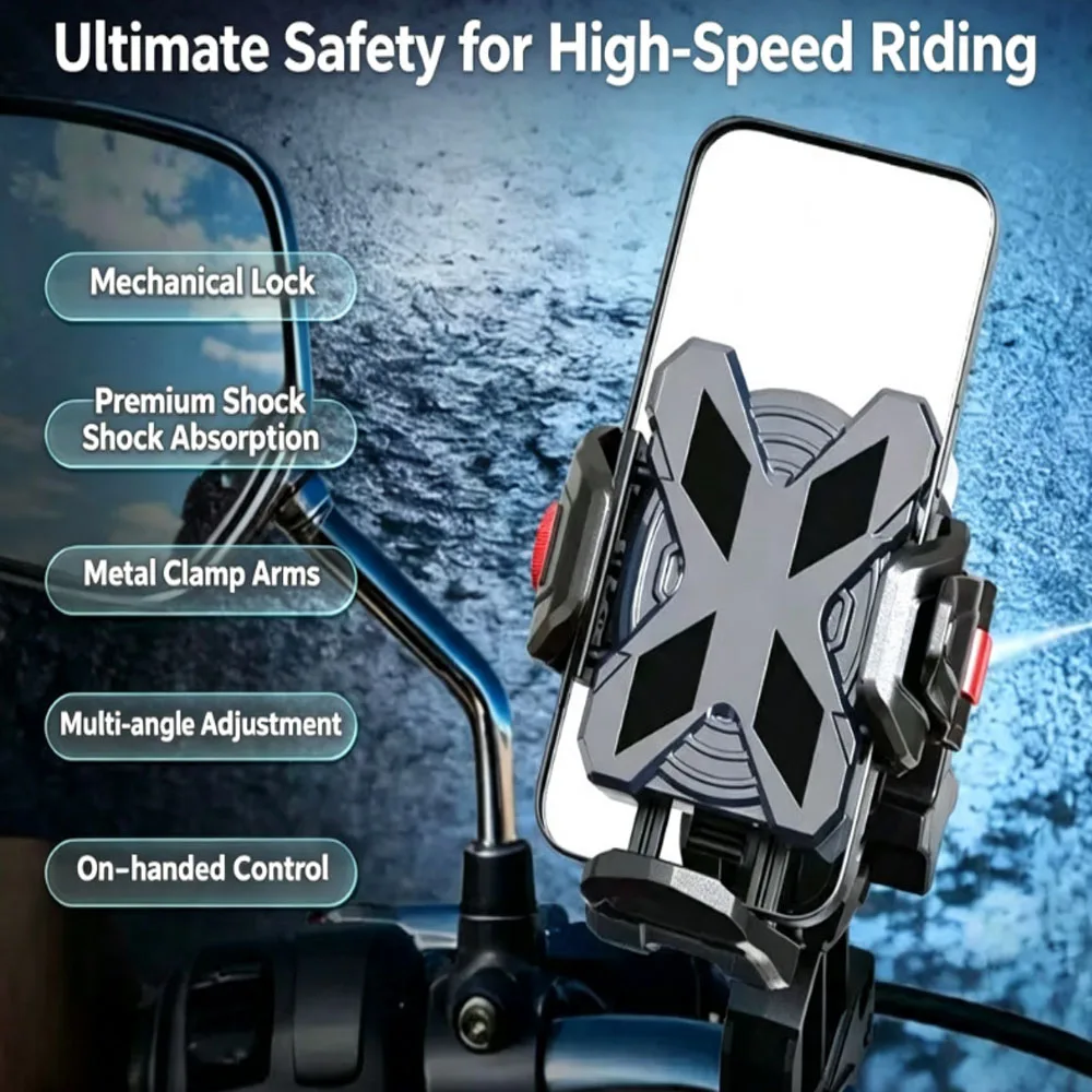 Motorcycle Phone Holder 4‑Point Shock Absorption 6‑Claw Fixed 720° Rotatable Phone Mount for Electric Scooter Bike Riding