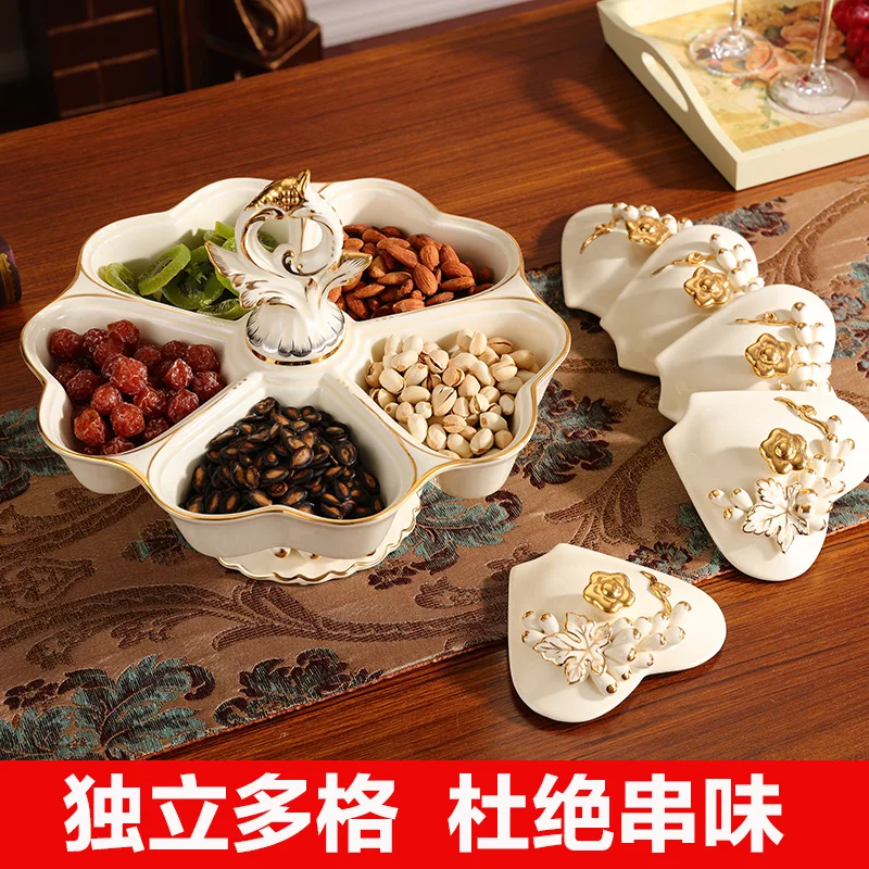 Luxury Fruit Plate Ceramic High-End Creative Rotating Dried Courtly Style Fruit Tray Compartment with Lid Household Living Room