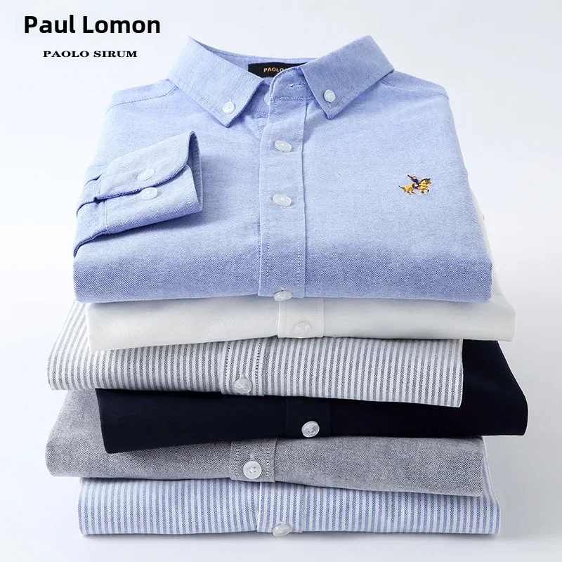 Amazon Foreign Trade European Style Pure Cotton Oxford Men's Long Sleeve Solid Color Shirt Cross-border Cotton Embroidery Shirt