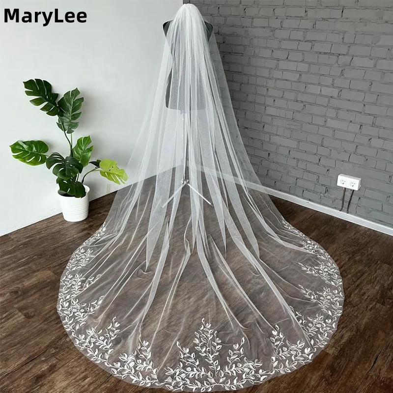 Leafy Lace Edge Wedding Veil with Comb 1 Tier Cathedral Long Bridal Veils Exquisite Mori Wedding Veils for Bride