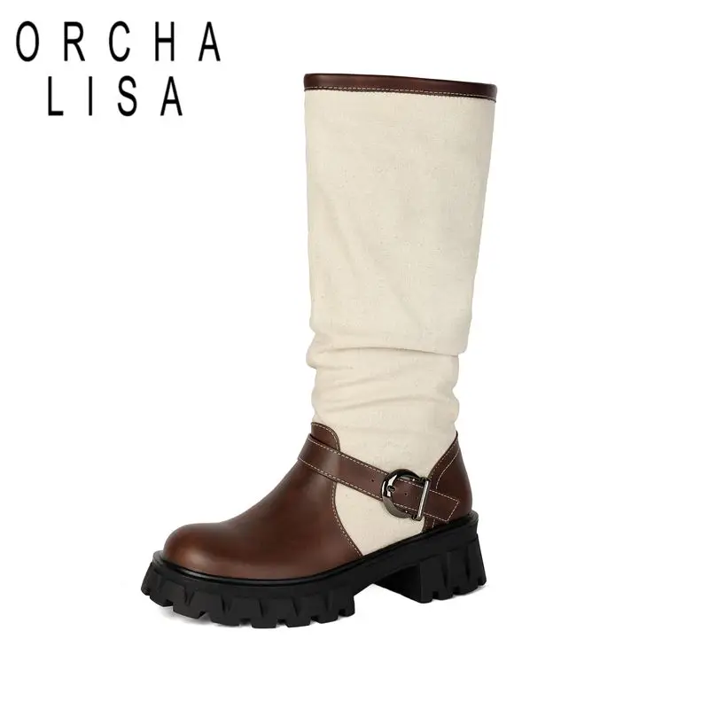 ORCHA LISA Brown Women Knee High Boots Round Toe 5cm Thick Heel Slip On Mixed Color Plus Size 41 42 43 Casual Retro Botas Shoes