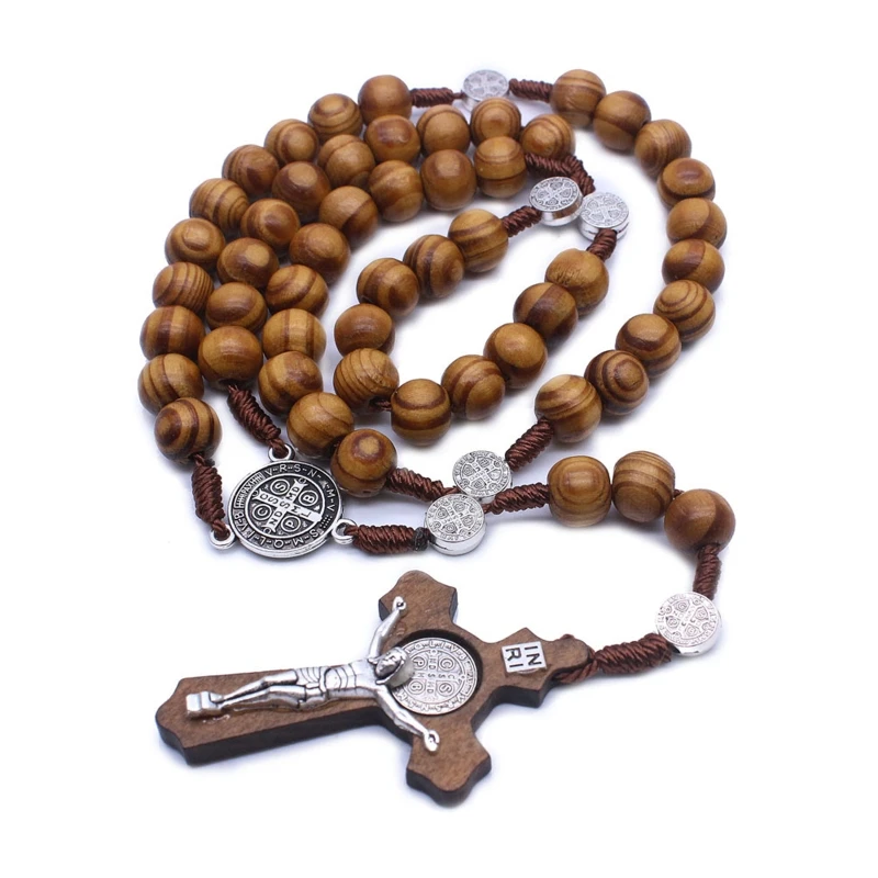 Wooden Rosary Beads Catholic for Cross Necklace with Jesus for Cross Pendant Set for Women Men Baby Shower Party Gift Dropship