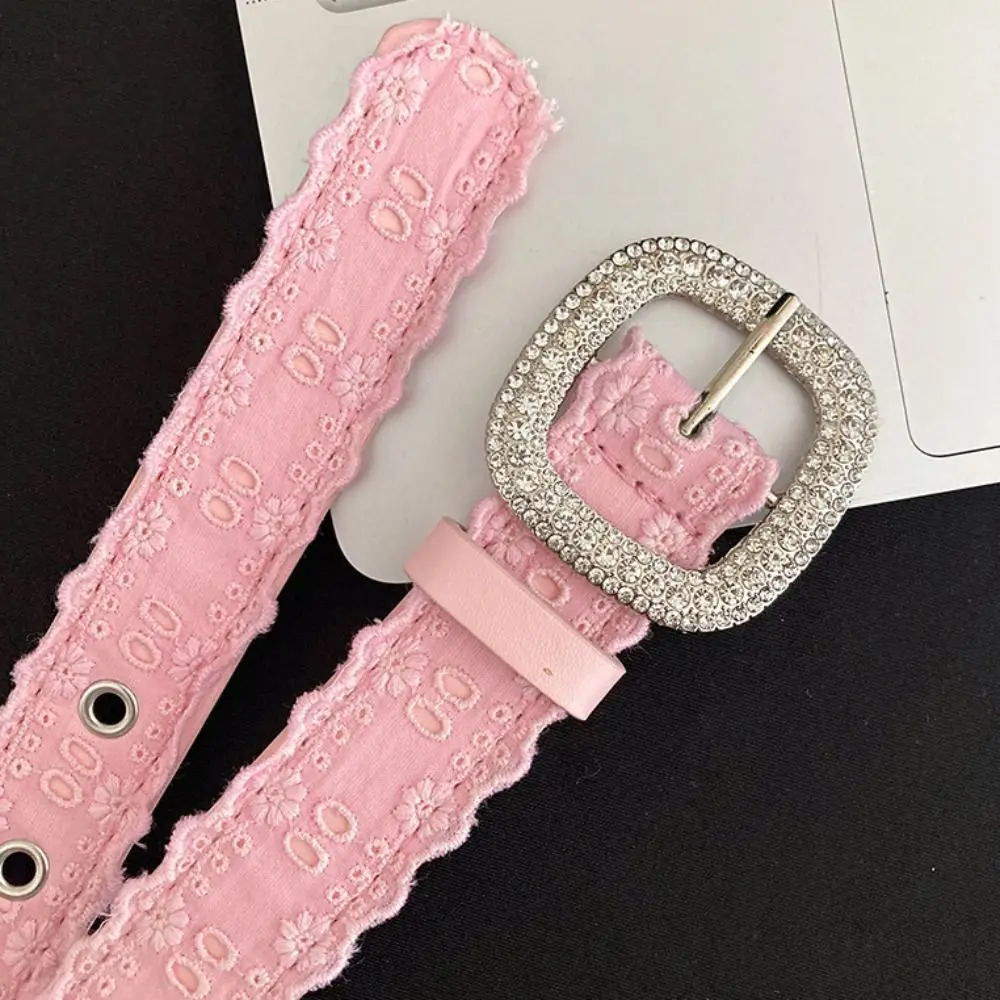 

Fashion PU Leather Lace Belt Y2K Square Buckle Rhinestone Belt Spicy Girl Cute Women Waistband Male