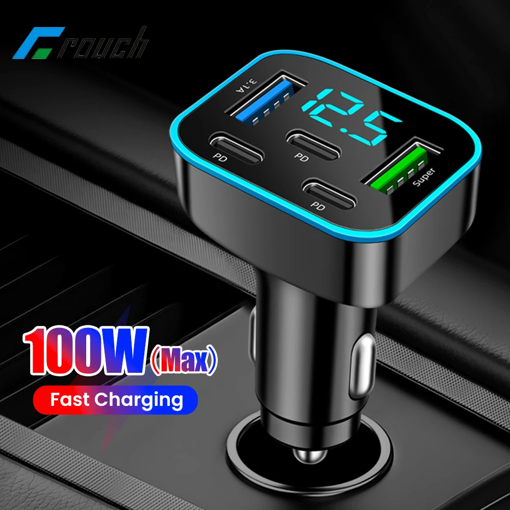 Chargeur de voiture 100W 5 ports, charge rapide 2USB+3Type C, allume-cigare de voiture PD QC3.0, chargeur de téléphone pour iPhone Samsung Huawei Xiaomi
