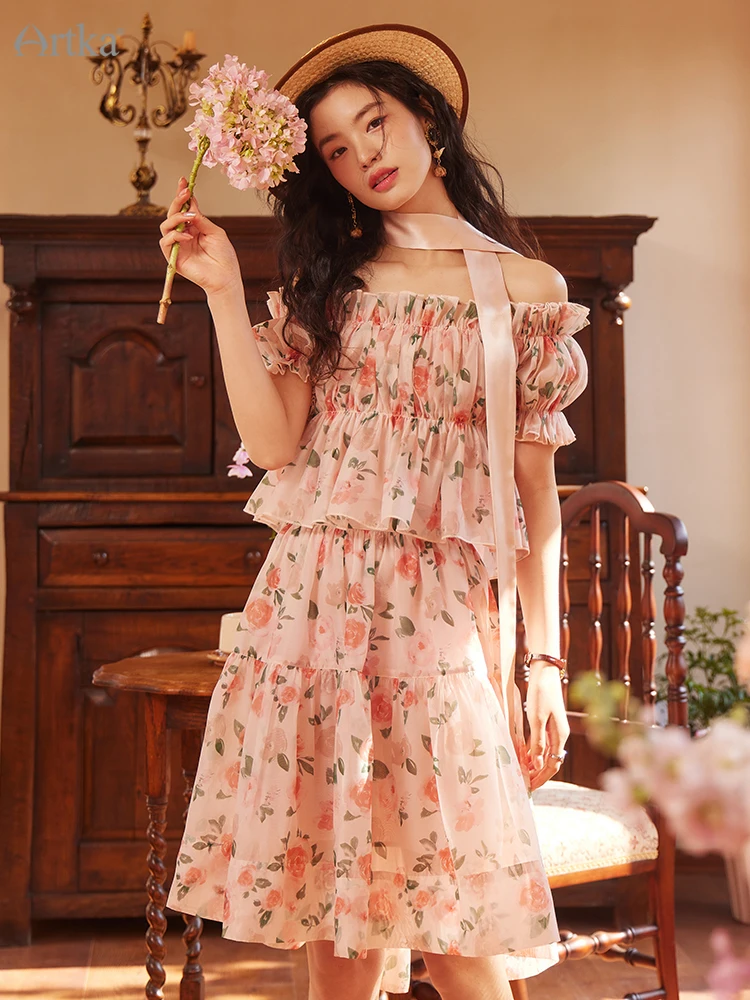 ARTKA 2023 Spring New Women Blouse Elegant Floral Prints Slash Neck Short Shirts Two-piece Set A-Line Organza Skirts TZ92032X