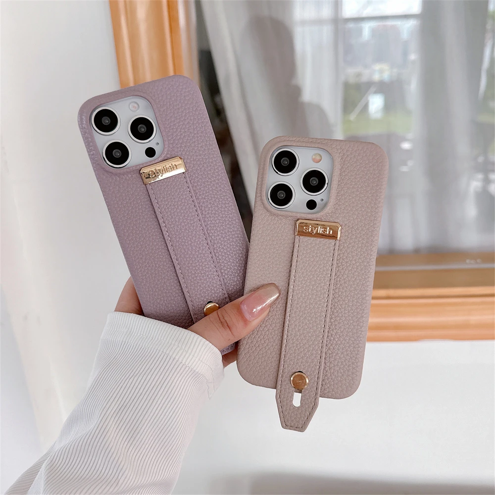 Luxury Lychee Pattern Leather Phone Case For iPhone 14 15 16 Pro Max 13 12 Mini 11 7 8 SE Shockproof With Wrist Strap Stand Case