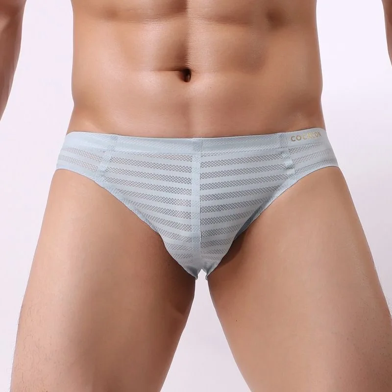 Fashion Sexy Men Striped Underwear Men\'s Ice Silk Briefs Breathable Seamless Thin Panties Cuecas Male Cool Mid Waist Underpants