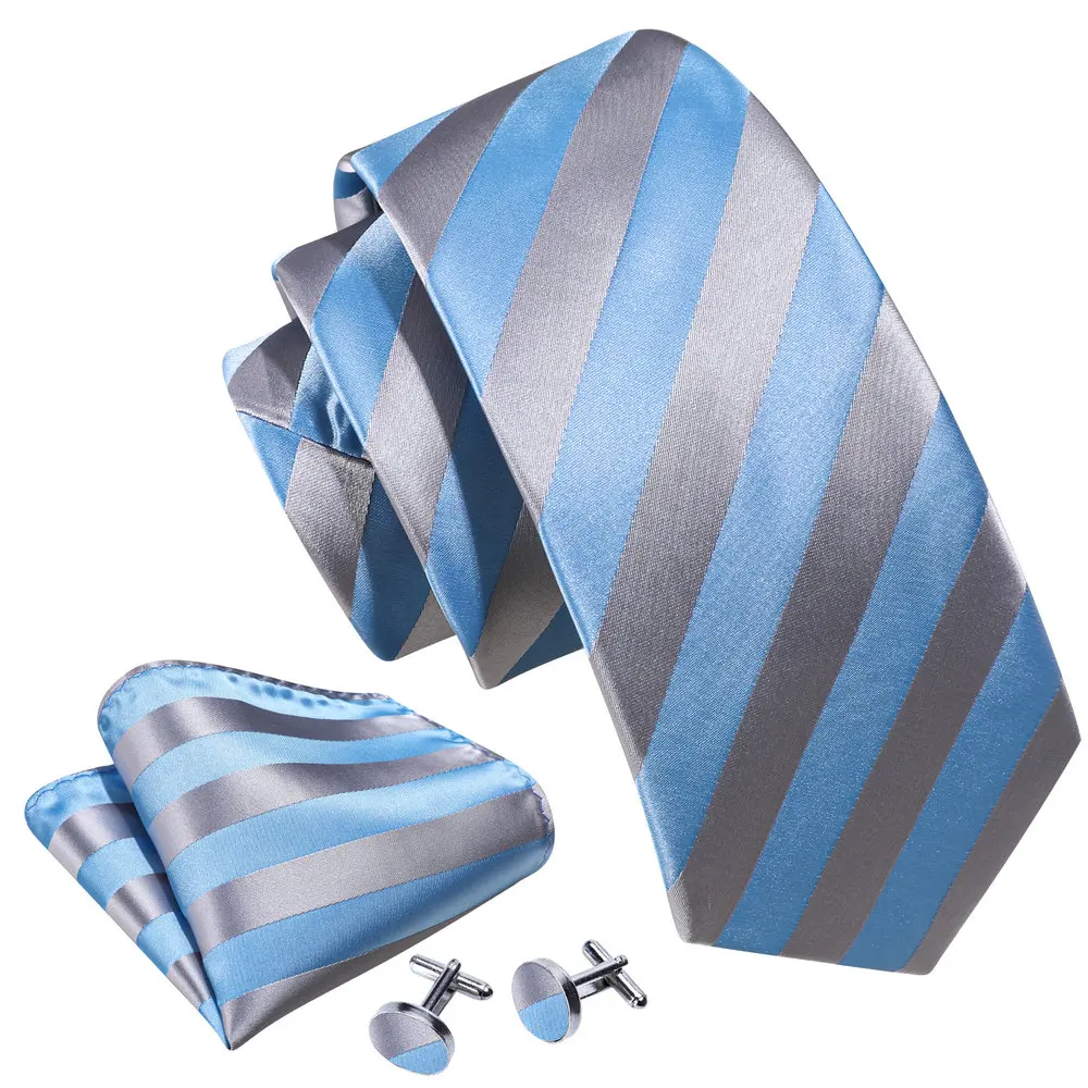 Fashion Light Blue Silk Tie For Men Classic Stripe Necktie Handkerchief Cufflinks Sets Wedding Business Groom Designer LN-6365