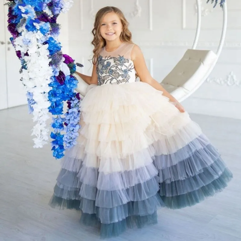 Vestidos De Flores Sem Mangas De Pescoço Redondo para Meninas, Desempenho De Tule, Apliques De Garota De Bola, Decorativos, Aniversário, Festa De Dança, Casamento, Bonito