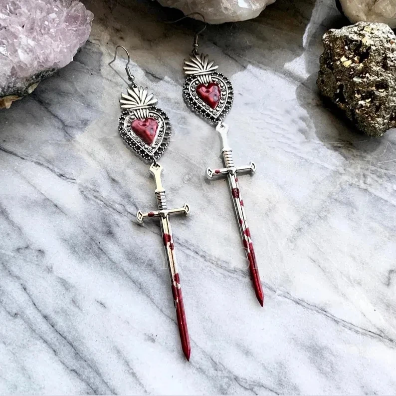 Sacred Heart Blood Sword Earrings Women's Gift Pagan Wizardry Worship Pendant Manifesto Halloween Handmade Earrings