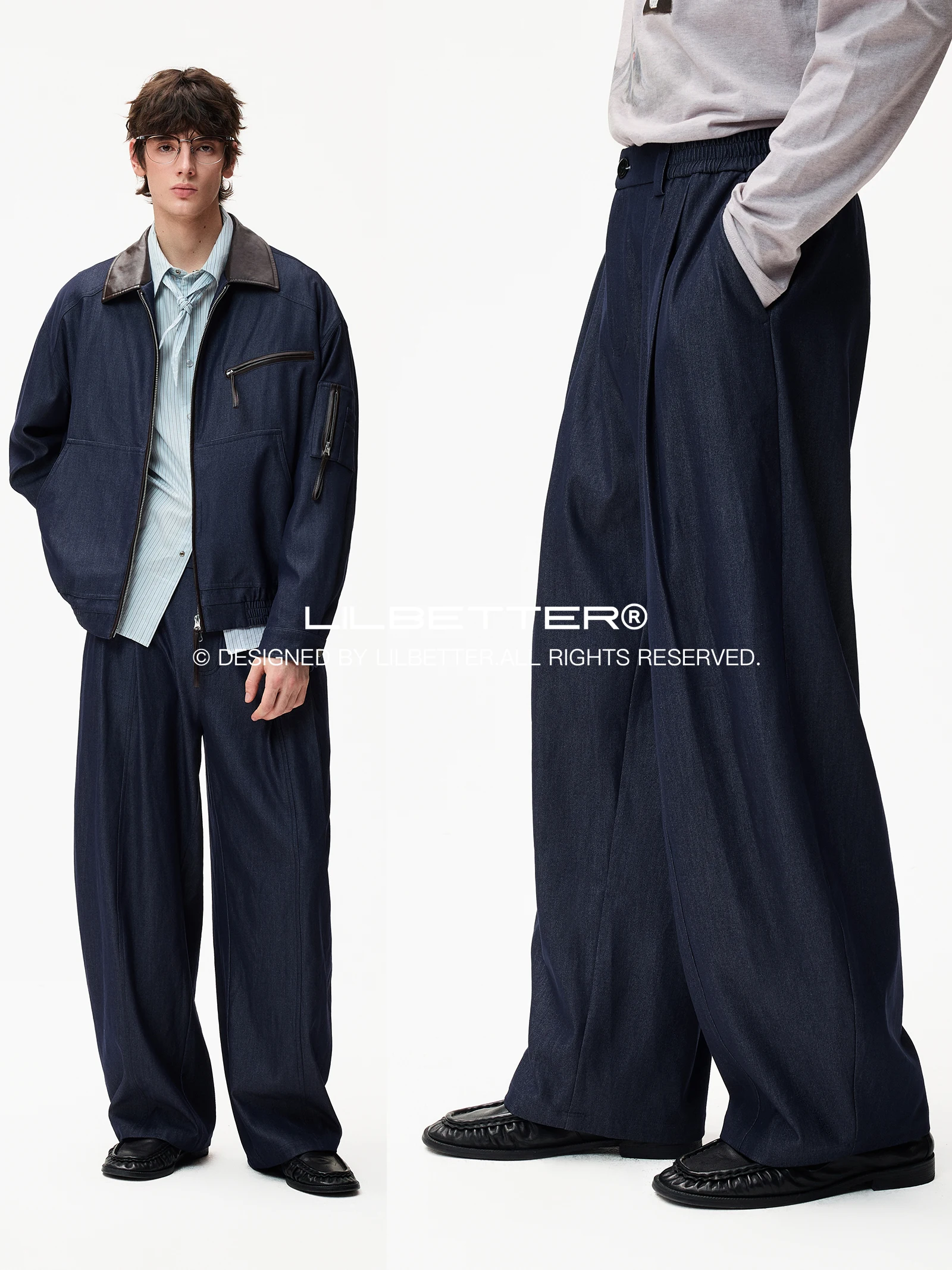 Lilbetter Casual Wide Leg Pants Double Pleat Knife  Denim Loose Fit Fashion Urban Style Polyester Fiber Anti-Wrinkle Long...