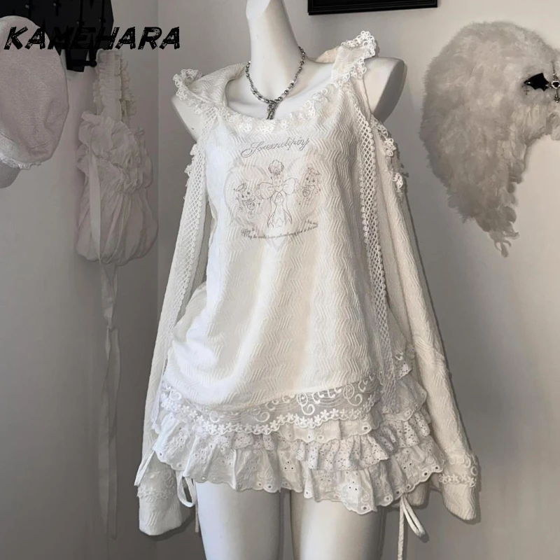 

KAMEHARA Japanese College Style Lace Embroidered Ruffle Edge Hooded Tops Cake Splicing Tie Up Skirt Spring Autumn 2-piece Sets