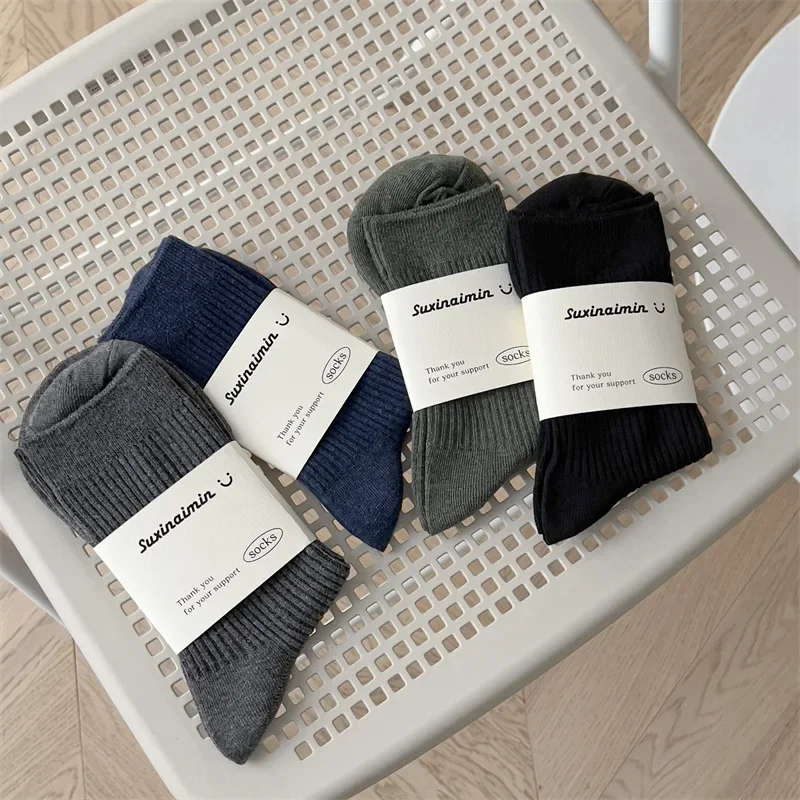 Autumn Winter Mens Socks Casual Fashion Solid Color Black Blue Gray Socks Men Business Male Breathable Elastic Cotton Long Socks