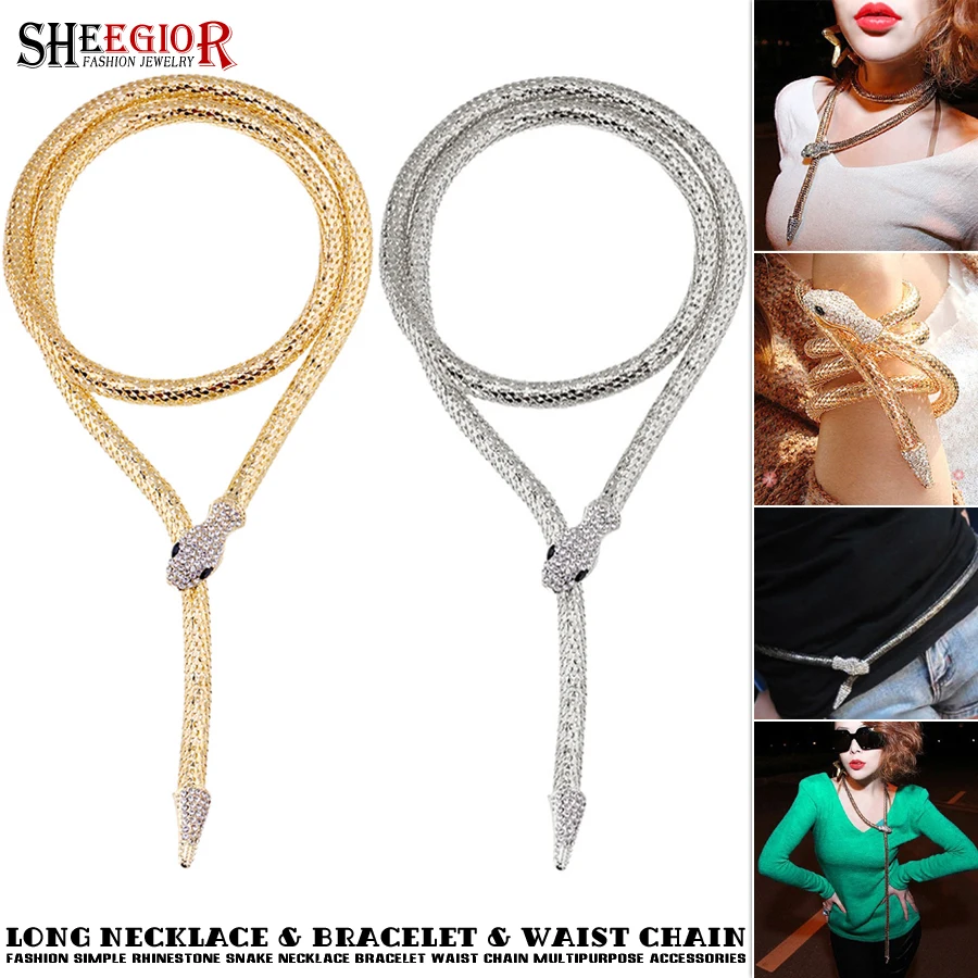 Sexy Hollow Snake Long Necklace Women Accessories Rhinestone Snake head Magnetism Choker Waist Chain Necklaces Fashion Ornaments