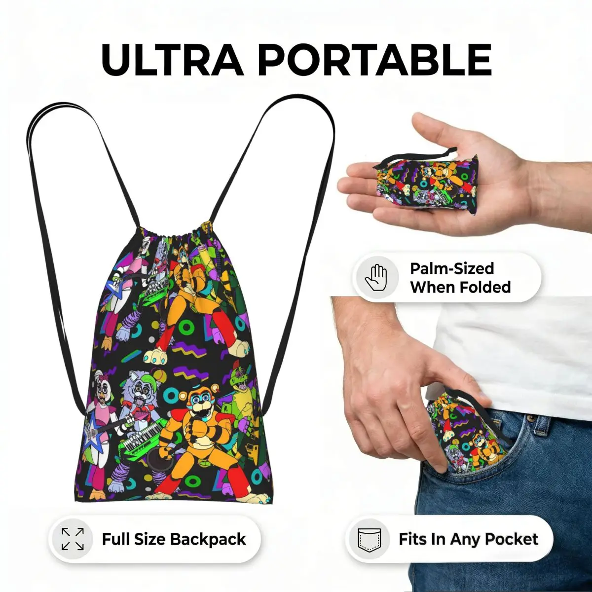 Freddy Fazbear Pizzaplex Performers Drawstring Backpack hiking cycling Bag Portable Travel Drawstring Bag for Men Women