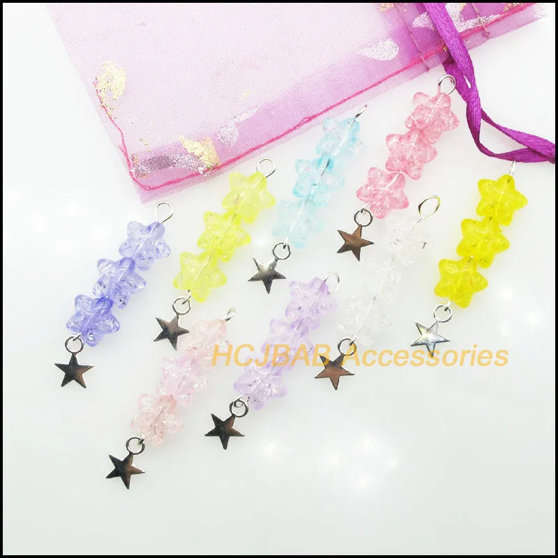 16Pcs Silver Plated Star Drop Mixed Popcorn Acrylic Star Charms Pendants 11x44mm