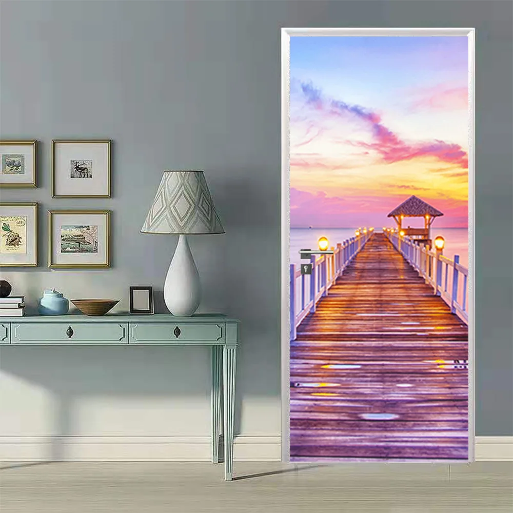 Beach Coconut Tree Sunset Scenery Door Sticker Living Room, Bedroom Decoration Wall Sticker Vinyl Detachable Self Adhesive Mural