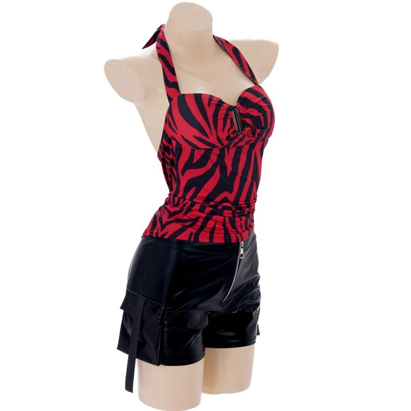 Obsession Nikki Cosplay Costume Zebra Halter Top Faux Leather Cargo Shorts Punk Streetwear Halloween Carnival Disguise Outfits view 6