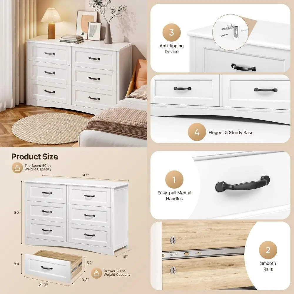 

Комод с 6 ящиками для спальни, большой комод 47 дюймов с металлическими ручками или для детской комнаты, белый комод с 6 ящиками для хранения для гостиной