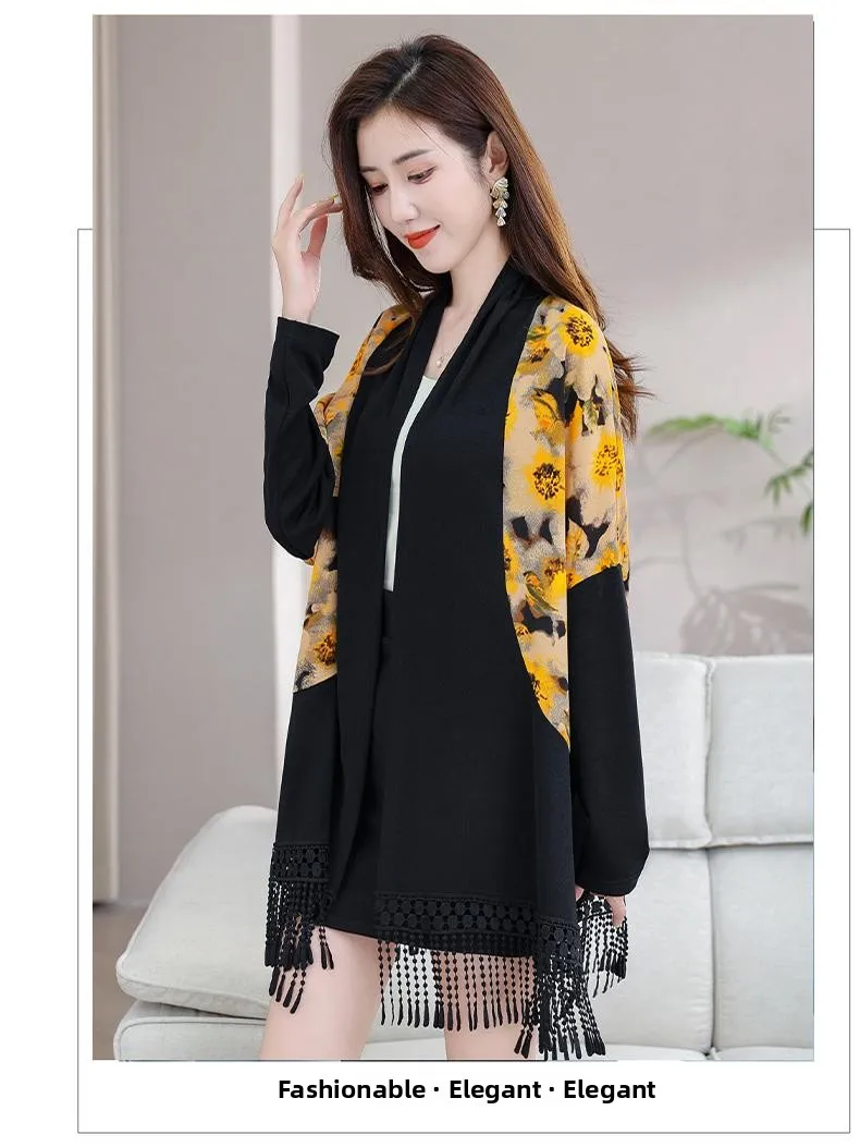 

Вязаное пальто с запахом и кисточками для женщин среднего возраста, повседневное свободное пальто с вышивкой, тонкое осеннее джинсовое платье