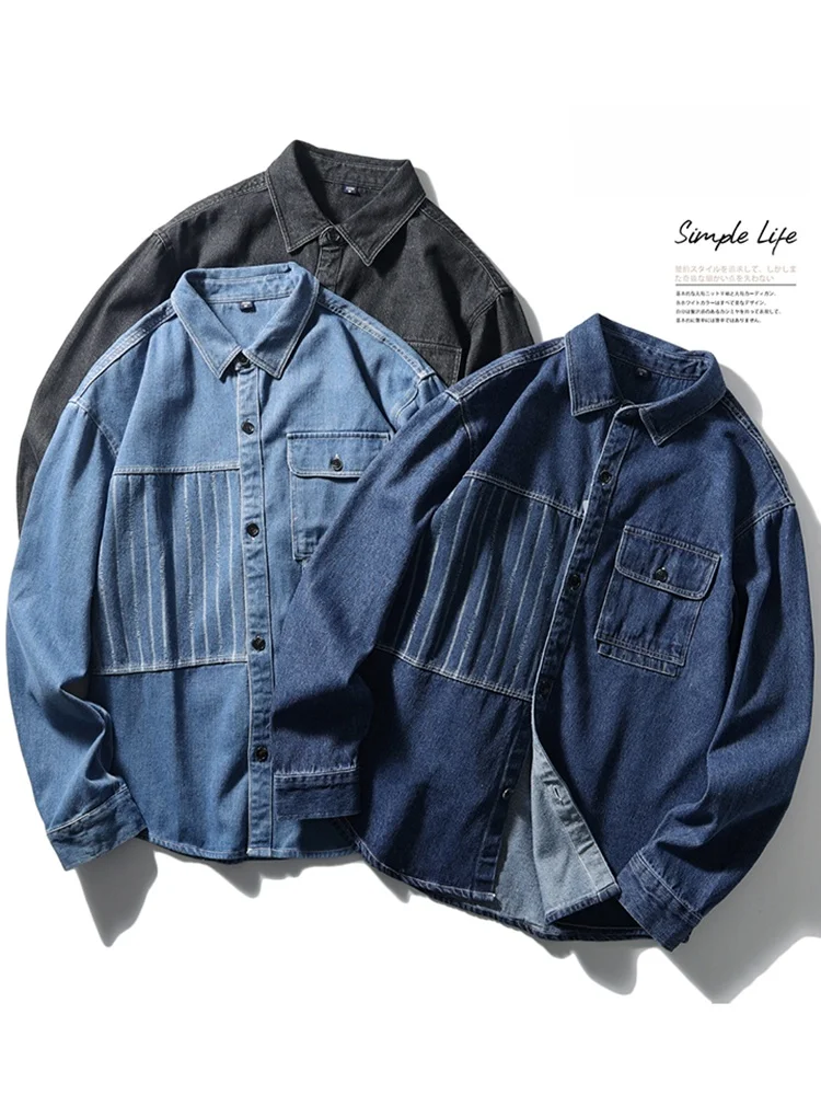 

Ретро-японский стиль! Дизайн в стиле пэчворк! Мужская свободная повседневная рабочая джинсовая куртка с длинными рукавами для весны и осени