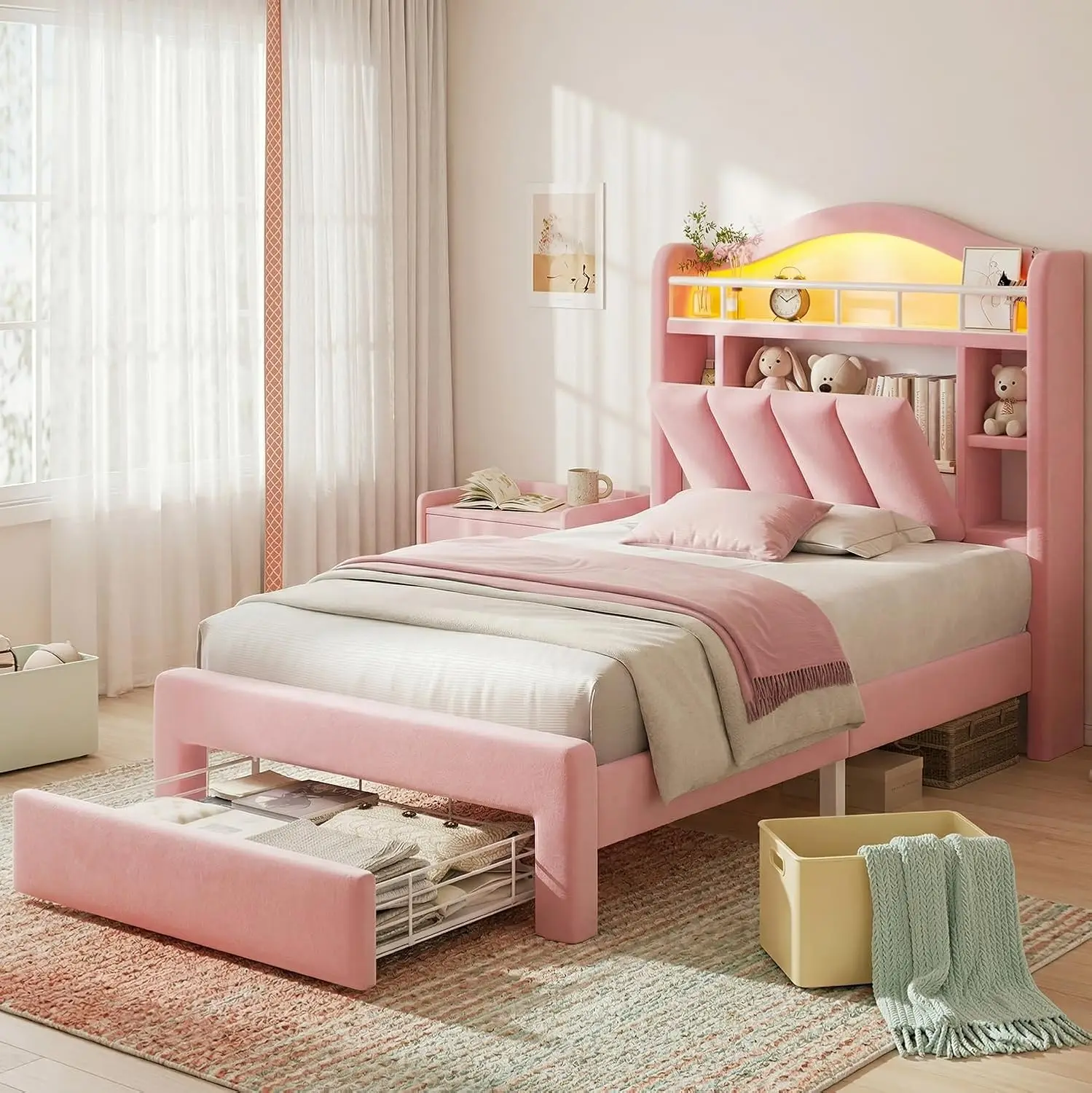 Twin LED Bed Frame with Storage Headboard, Velvet Bed for Girls with Charging Ports, Hidden Compartment, Customized