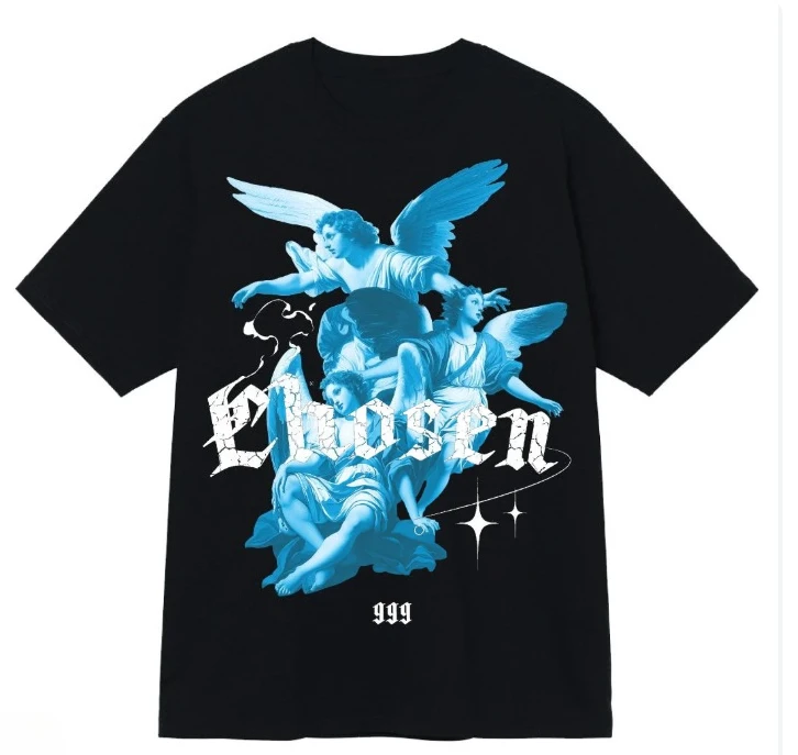 2026 Gothic Angel Figure Print Men T Shirt Vintage Blue Art Graphic Tees Loose Short Sleeve Streetwear Casual Tops