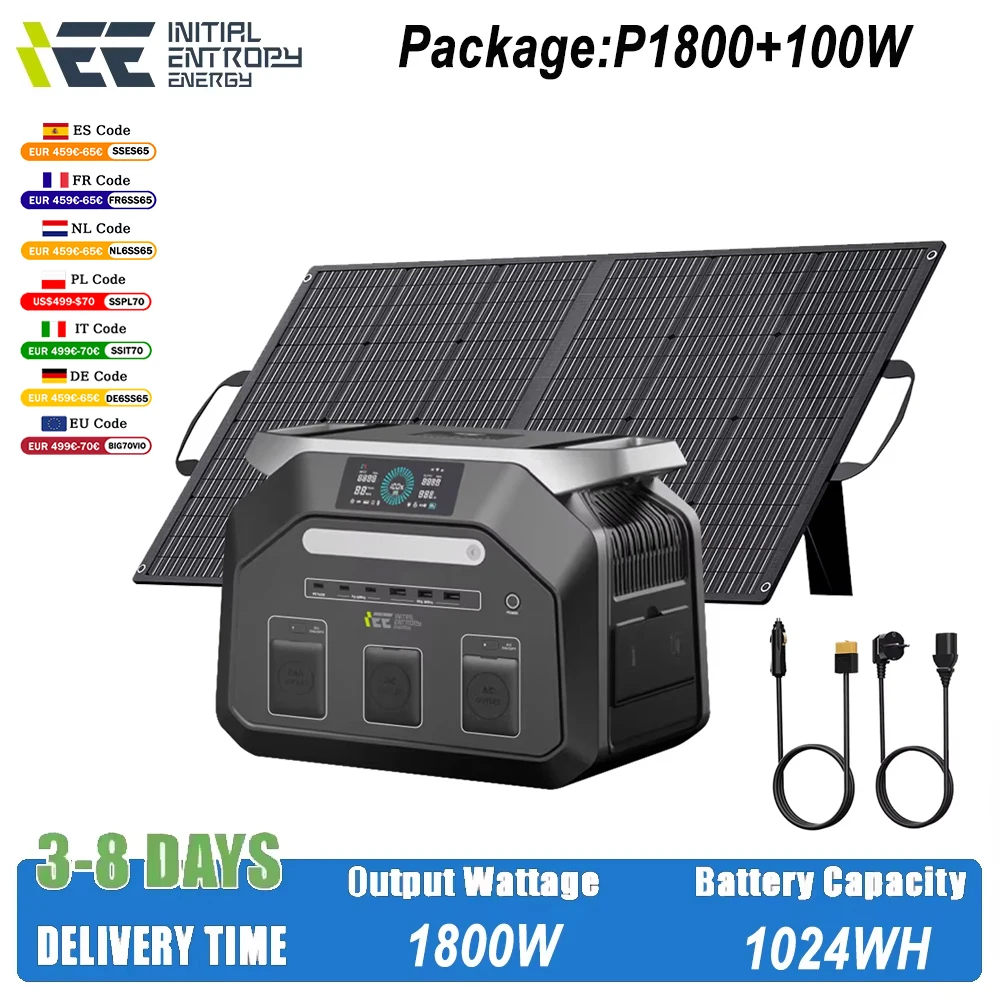 Station d'alimentation portable IEE P1800 1800W 1024Wh, puissance de sortie 3600W, prise EU 220V AC, Powerstation + panneau solaire 100W
