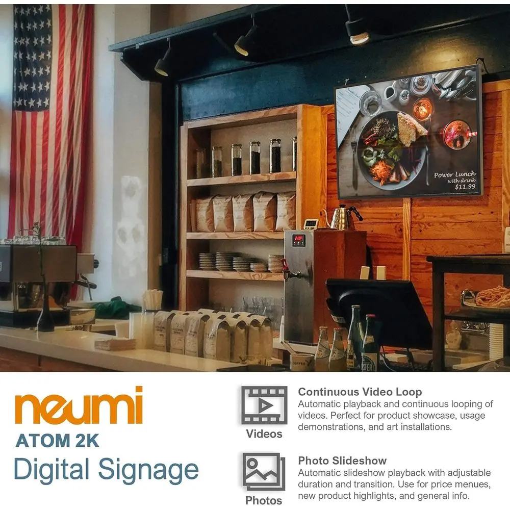 مشغل الوسائط الرقمي NEUMI Atom 4K Lite Ultra-HD لمحركات أقراص USB وبطاقات SD - يلعب فيديو 4K/UHD، HEVC/H.265، HDMI والتناظرية