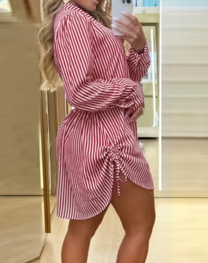 New Style for Women 2024 Spring Summer Mini Dresses Casual Simple Long Sleeve Striped Side Drawstring Buttoned Shirt Dress