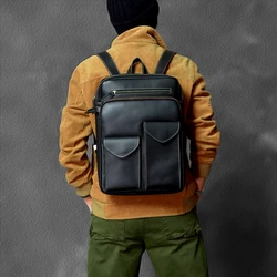 High Quality Retro Thin Multi-Compartment Black Leather Backpack Genuine White Line Travel Schoolbag