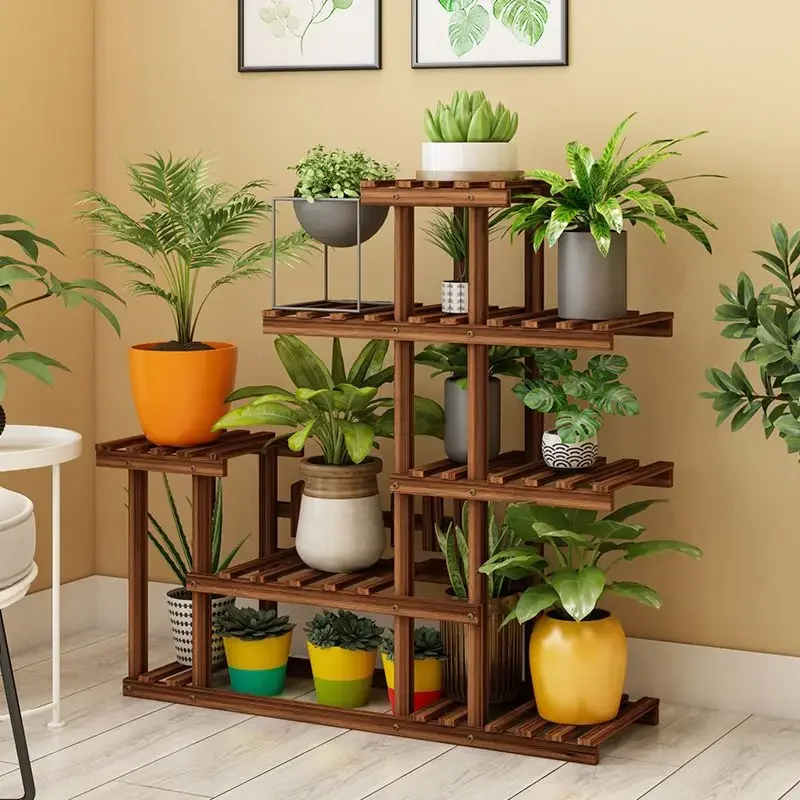 Balcony Flower Rack Multi-Layer Indoor Space Saving Floor-Standing Decorations Storage Rack Living Room Solid Wood Design