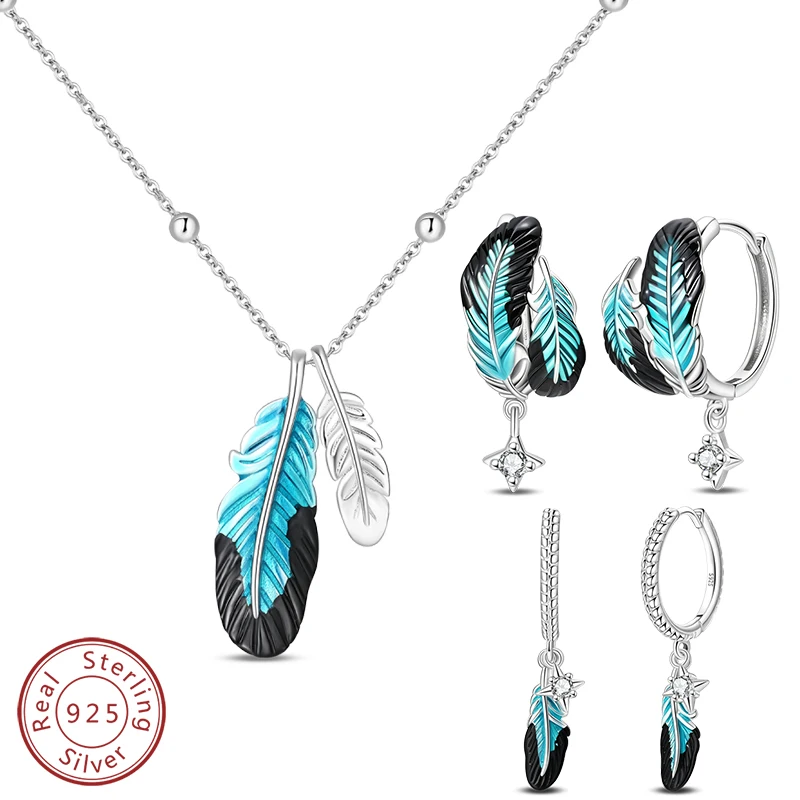 2026 New 925 Sterling Silver Black Feather Blue Flame Earrings Necklace Set For Women Fine Birthday Wedding Jewelry Gifts