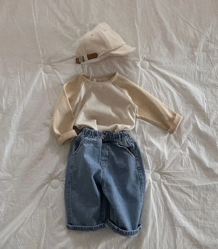 2024 Spring Autumn Boy Girl Children Retro Loose Jeans Baby Casual Denim Pants Solid Kid Pockets Cotton Trousers Infant Clothes