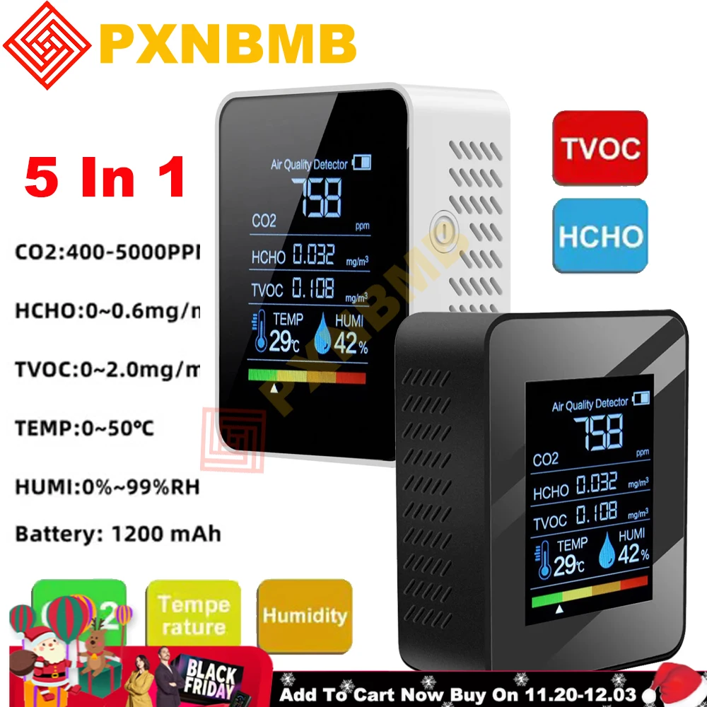 مراقبة جودة الهواء 5 في 1 داخلي كاشف ثاني أكسيد الكربون الفورمالديهايد HCHO TVOC تستر LCD جهاز قياس درجة الحرارة والرطوبة إنذار متر واي فاي