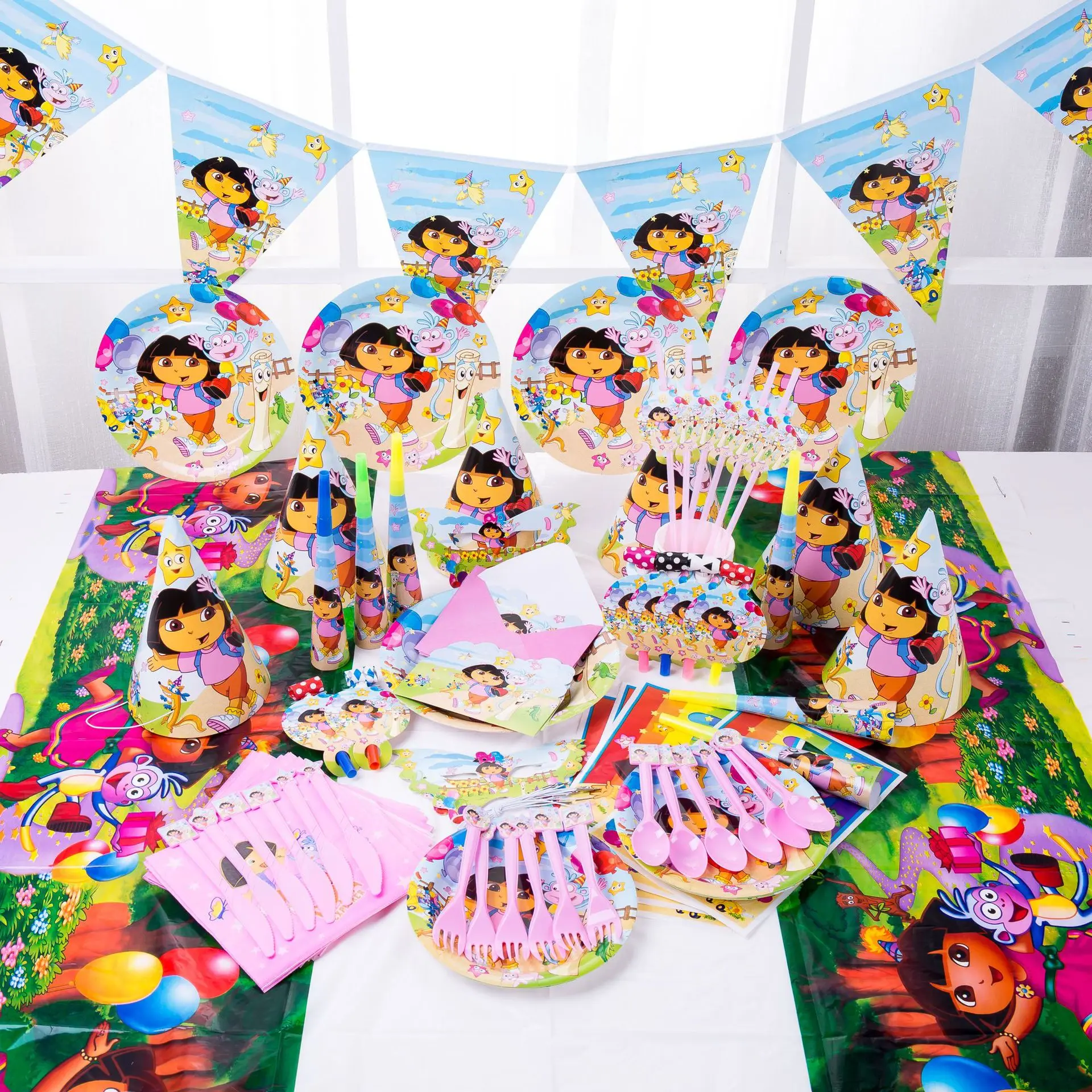 Cartoon&DORAED&Girls Birthday Party Tableware Decor Paper Plate Cup Napkin Hat Balloon Monkey Backdrops for Kids Party Supplies - view 2