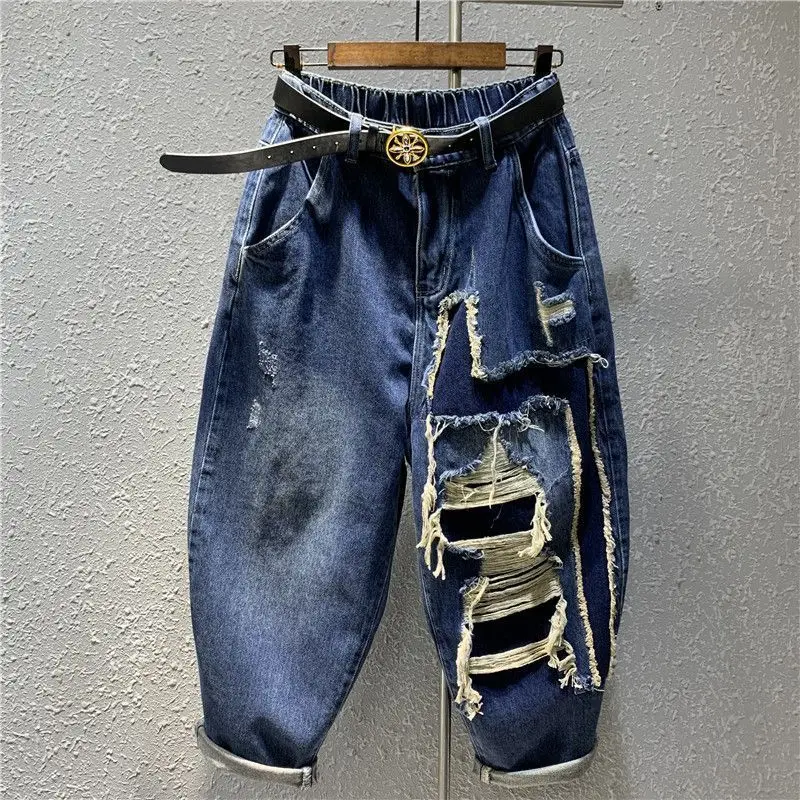 

Woman Autumn Vintage Loose Elastic Waist Ankle-length Pants Trend Patchwork Pockets Frayed Patch Streetwear Jeans Harem Pants