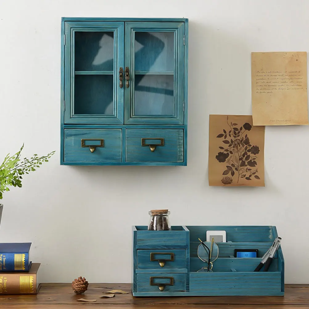 

1Pcs Wooden Storage Cabinet Compact Organizer with Transparent Glass Window Multi-Tier Drawer Design Desktop Box