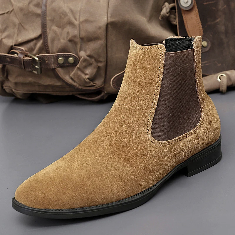 Botas Chelsea de cuero informales de alta calidad para hombre de marca italiana, zapatos de trabajo formales de diseñador planos hechos a mano de gamuza de cuero genuino para fiesta