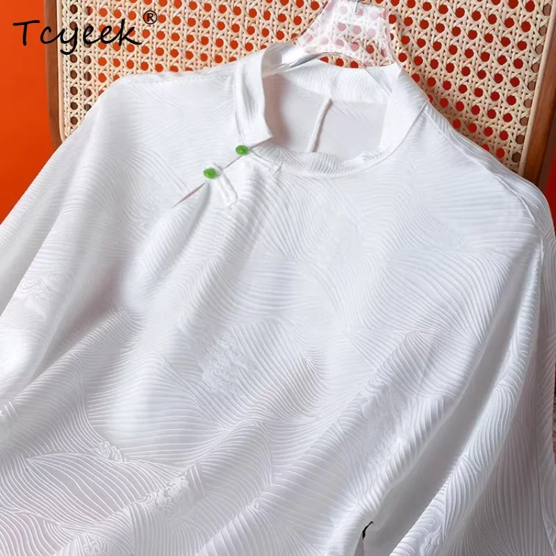 

Tcyeek Summer 100% Mulberry Silk Tshirts,Wave Patterned Jacquard Plain Satin Stand Collar Short Sleeve Shirt,New 2025 T55823JF