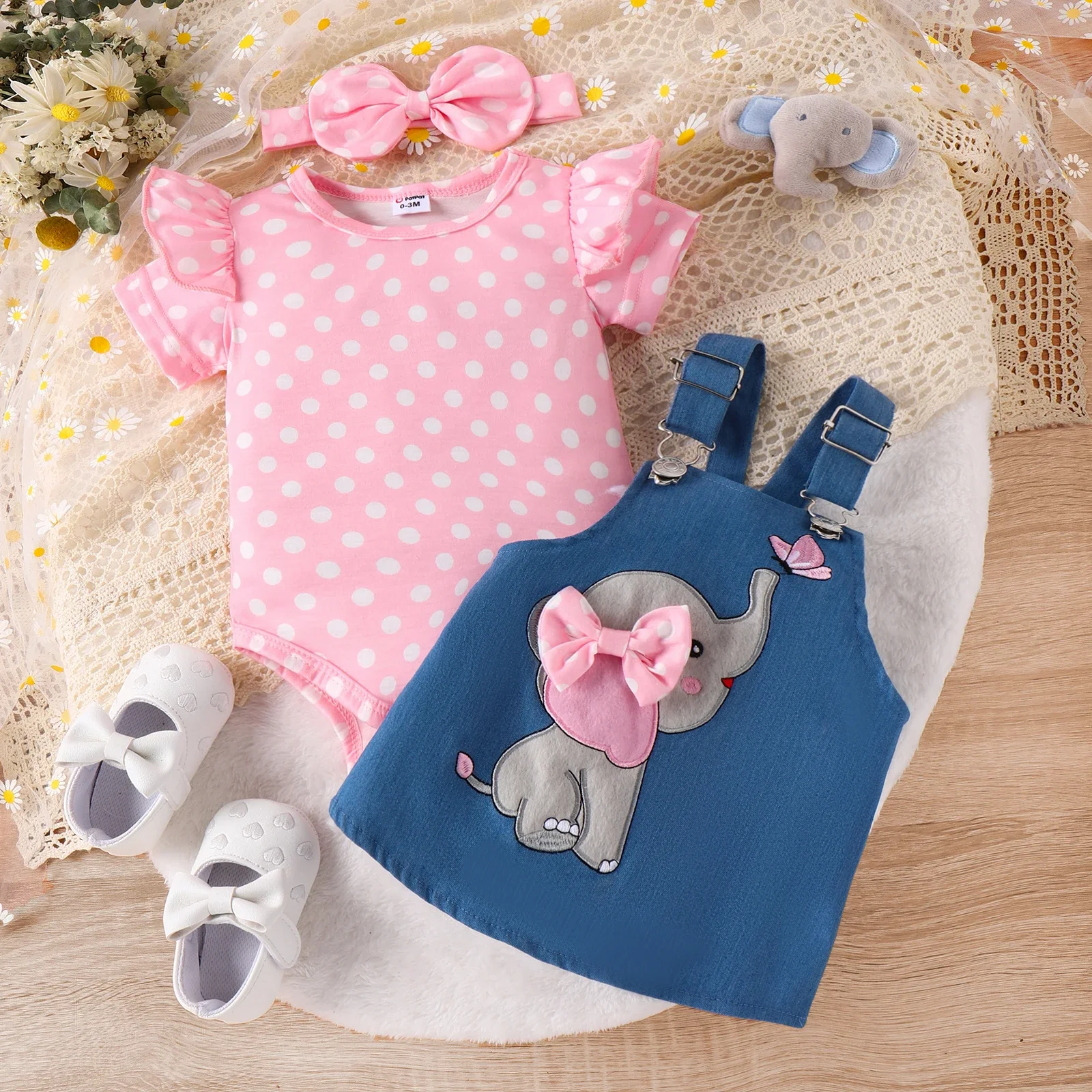 PatPat 3pcs Baby Girl Polka Dot Pattern Romper and Denim Overall Dress with Headband Suitable for Summer Season