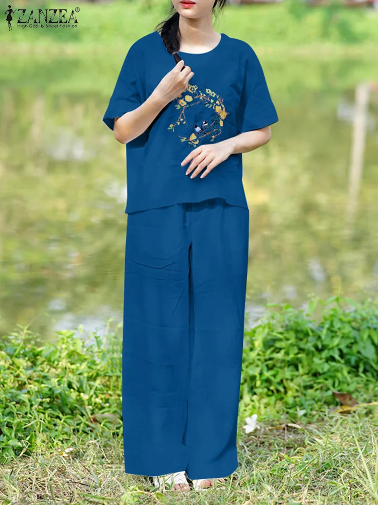 

ZANZEA Summer 2PCS Women Short Sleeve Embroidery Blouse Casual Loose Pants Sets Wide Leg Trousers Suits Vintage Tracksuit 2024