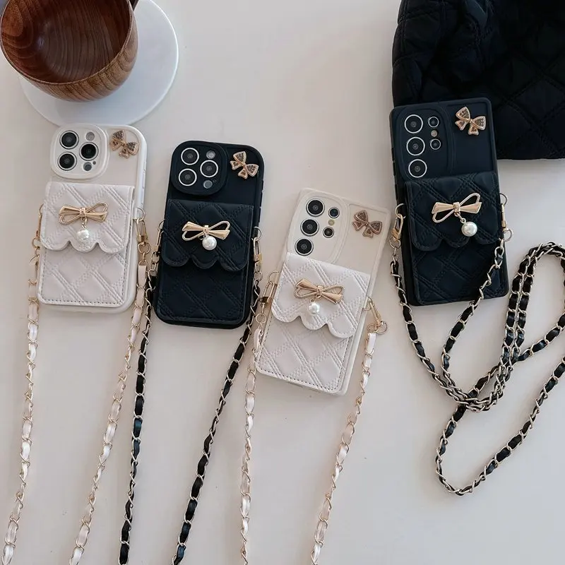 Pearl Bow Rope Chain Soft Wallet Holder Phone Case For Samsung Galaxy A73 A53 A33 A13 A32 4G 5G A05S A04S A31 A51 A52 A52S Cover