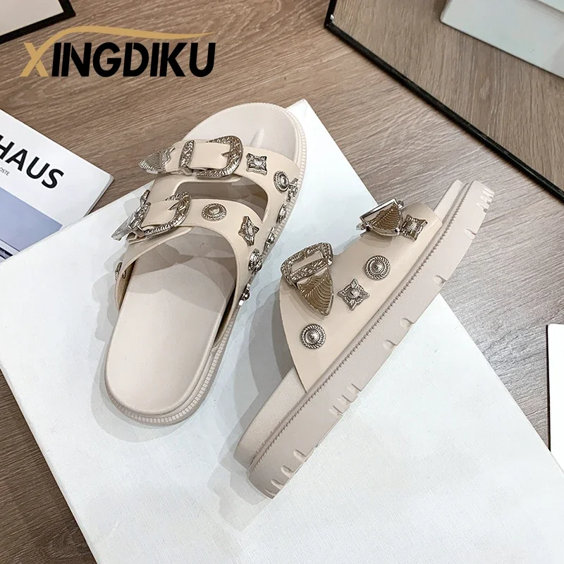 punk slippers women\'s 2022 spring autumn new metal buckle boutique decoration wedge heel comfortable outer wear slippers