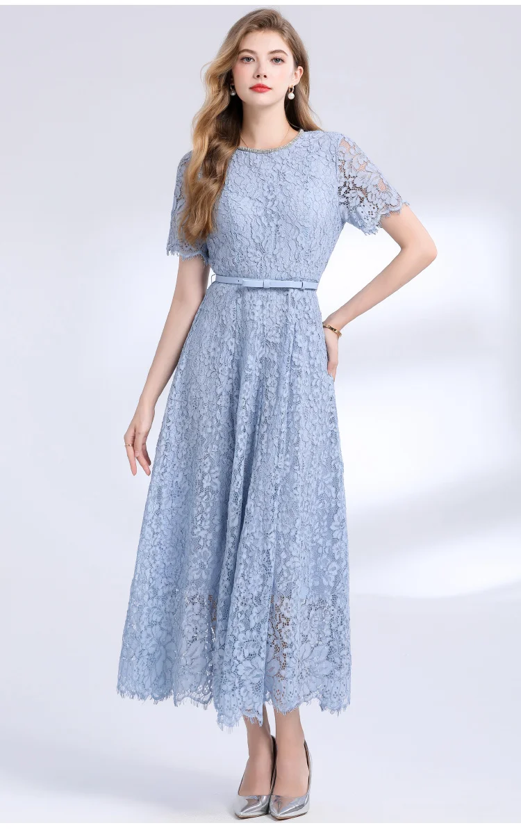 

Luxury Beaded Formal Evening Lace Long Dresses Women Summer Solid Short Sleeve Belt Slim Elegant Lace Dress Birthday Prom Dress